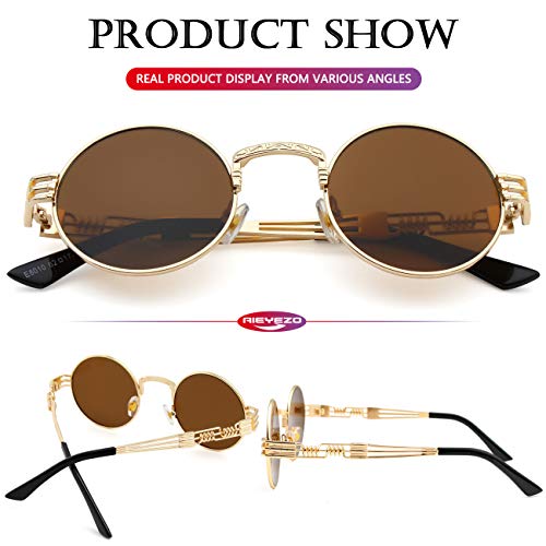 AIEYEZO Round Steampunk Sunglasses for Men Women Retro Circle Hippie Glasses Metal Frame 100% UV Blocking Lens - color: Gold/Brown