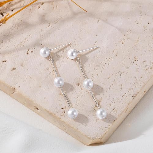 Moodear Dainty Pearl Dangle Earrings for Women - Trendy 14K Gold Plated Pearl Hypoallergenic Drop Earring Wedding Jewelry Gift - style: pearl-drop silver