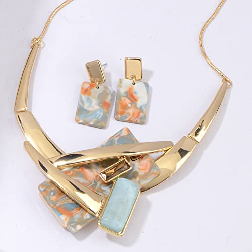 Vintage Chunky Statement Jewelry Set Retro Leaf Floral Geometric Bohemian Boho Bib Necklace Earring Set Fashion Costume Jewelry for Women Girls Wedding Party Prom Unique Gift - style: rectangle-turquoise