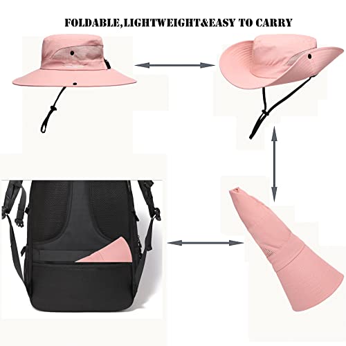 Womens Summer Sun Hat Beach Hat Wide Brim Outdoor UV Protection Hat Foldable Cool Mesh Ponytail Bucket Hat - color: Pure Pink