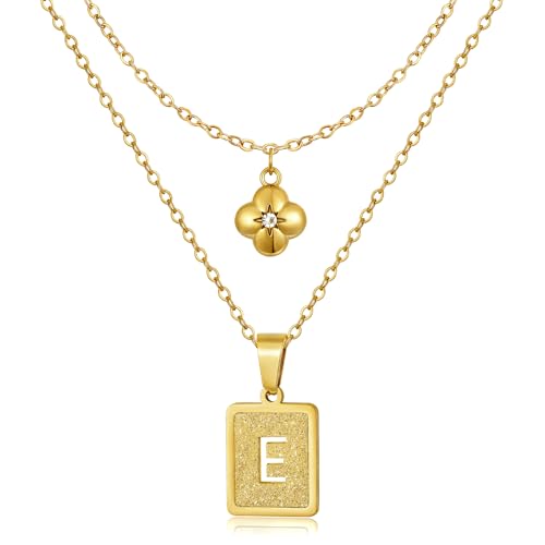 KELORIS PATH Layered Initial Necklaces for Women, 18K Gold Plated Stainless Steel Necklaces Set with Dainty Four Leaf Clover Square Cutout Letter Pendant, Fashion Jewelry for Gifts - style: E Letter