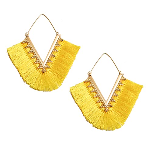 Tassel Hoop Earring Statement Thread Dangle Earrings Stylish Long Fringe Drop Earrings Lightweight Long Swingy French Hook Earrings for Women - color: A Yellow