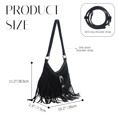 Fringe Hobo Purse for Women,Western Small Fringed Shoulder Bag Vegan Suede Hippie Crossbody Bag with Tassel - color: Black