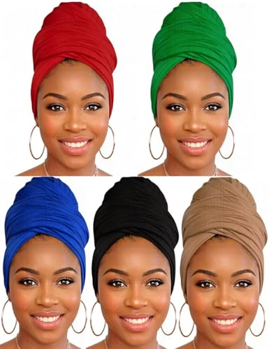 Head Wraps for Black Women, Breathable Headwrap Soft Long Hair Wraps Wide Headscarves for Locs Braids - color: 5pcs-(black,royal Blue,wine Red,green,camel)