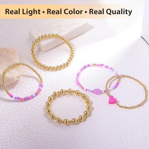 Gold Beaded Bracelets for Women: 14K Gold Bracelets for Women Trendy Dainty Gold Ball Bracelet Stack for Womens - Boho Stretch Bracelets Jewelry Sets with Cross Fashion Accessories Gifts for Women - style: Pink Heart