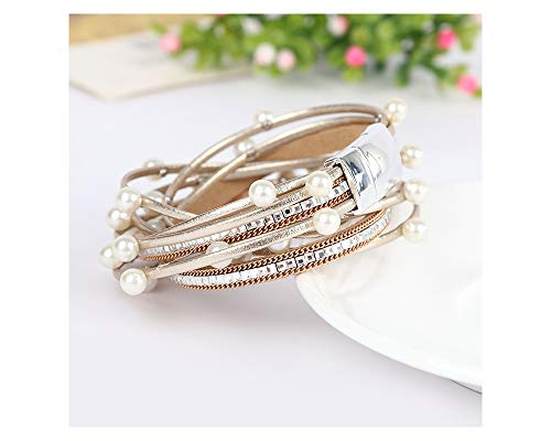 Fesciory Leopard Bracelet for Women, Boho Leather Wrap Multi-Layer Pearl Crystal Bracelet Bangle Jewelry - style: Gold Pearl-Double Wrap