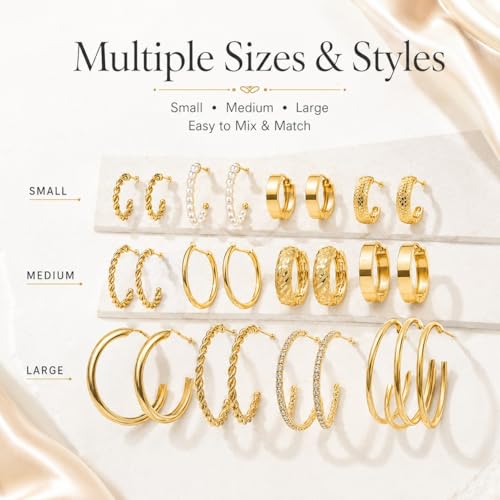 24 Pairs Gold Hoop Earrings Set for Women Hypoallergenic Chunky Chain Twisted Open Hoops Dangle Earring Packs for Birthday Party Fashion Jewelry Gift - color: 24Pcs-Gold