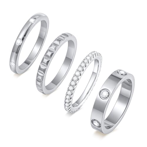 Stackable Gold Rings for Women - 18K Gold Plated Rings Set, Non Tarnish Stainless Steel Cubic Zirconia Friendship Band Stack Rings Trendy Jewelry, Christmas Birthday Party Gifts for Her Girlfriend - color: Silver