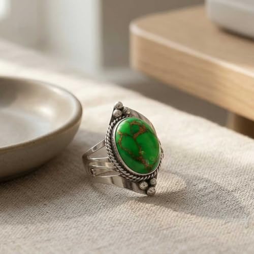 Handmade 925 Sterling Silver Plated Ring Natural Gemstone Carnelian, Rose Quartz, Tiger Eye, Crystal Oval Boho Jewelry For Women - color: Copper Green Turquoise