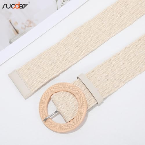 SUOSDEY 2 Pack Straw Woven Elastic Belt Braided Stretch Wide Boho Rattan Waist Belt for Women Dresses - color: 01-brown+beige(round Buckle), size: Fit Waist up to 45''
