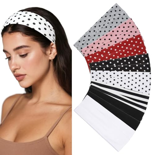 Huachi Polka Dot Headbands for Women Non Slip 16 Pack Elastic Sports Hair Bands for Women, Soft Cotton Cloth Headband for Workout Yoga Fashion Hair Accessories - color: Vintage Polka Dot Headbands