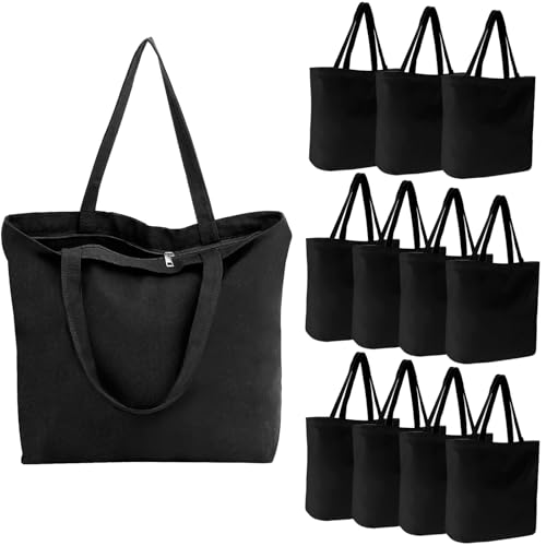 Segarty Black Canvas Tote, 12 Packs 16x15 inch Canvas Bags with Zipper, 12Oz Heavy Duty Reusable Plain Grocery Shopping Totes for Women Crafts Painting Embroidery, Gift Bags Bulk - size: 16.5"x13.4"x3.9", style: Black_12pcs