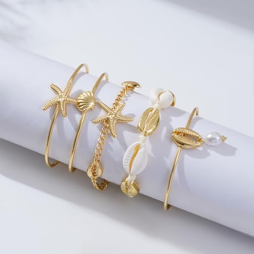 Shell Bracelet Seashell Boho Beaded Stretch Bracelets for Women Summer Beach Bracelets Starfish Charm Bracelet Stackable Gold Plated Bracelets Set for Women - color: h-gold