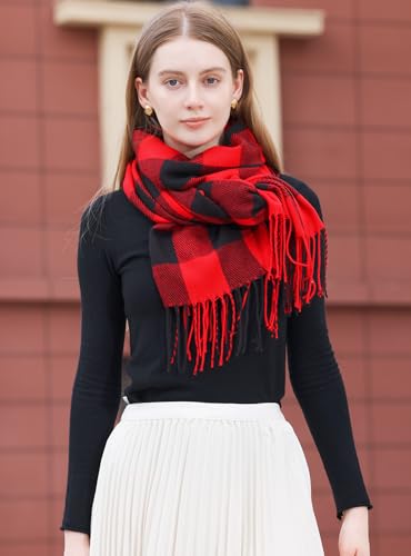 Wander Agio Women's Fashion Long Shawl Big Grid Winter Warm Lattice Large Scarf - color: Red Black Plaid