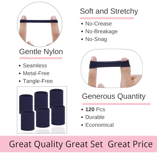 LuSeren 120 Pcs Navy Hair Ties for Women, No Damage Soft Seamless Nylon Hair Elastics for Thick Hair, Ponytail Holders, Solid Navy Hair Accessories - color: Navy blue