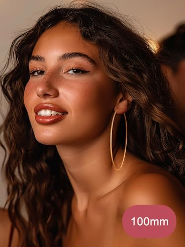 FOCALOOK 14K Gold Plated Lightweight Large Hoops| 2mm Thin Hoop Earrings for Women 30/40/50/70/100mm - color: 01.Gold, size: 100mm