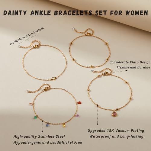 LOFITOR Ankle Bracelets for Women Glitter Waterproof Adjustable Anklet Set for Women 18K Gold Plated Silver Charm Dainty Layered Anklets, Summer Beach Anklet Jewelry for Women - style: Color Gold