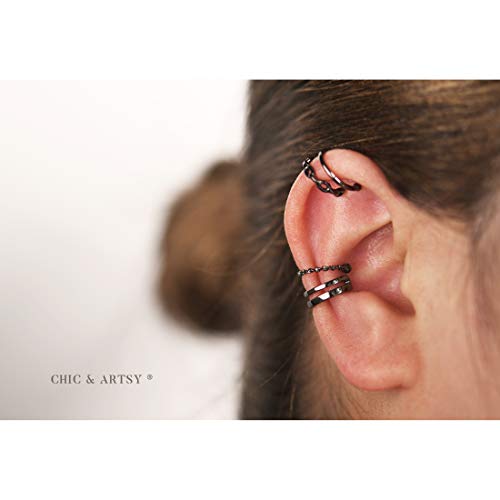 CHIC & ARTSY 925 Sterling Silver Ear Cuffs for Women, Non Piercing Clip On Cartilage Cuffs, Adjustable Fake Conch & Helix Earrings, Gold Plated & Oxidized Various Styles - color: ear cuff #19