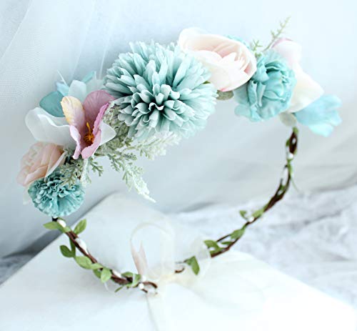 Vivivalue Boho Flower Headband Women Floral Crown Hair Wreath Flower Headpiece Halo with Ribbon Wedding Party Festival Photos Blue - color: 48