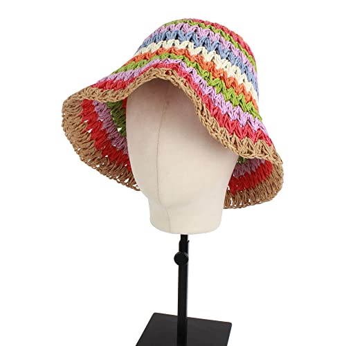 Women Straw Sun Hat Floral Woven Crochet Bucket Hat Y2k Aesthetic Accessories Beach Hat Hand Woven Boho Foldable Cap - color: Striped a