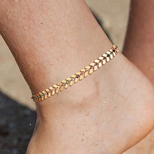 LOYATA Dainty Ankle Bracelet,14K Gold Plated Tiny Bead Anklet Dainty White Cubic Zirconia Cross Tassel Foot Chain Cute Lucky Moon Evil Eye Foot Jewelry Boho Anklets for Women - color: Evil Eye Leaves