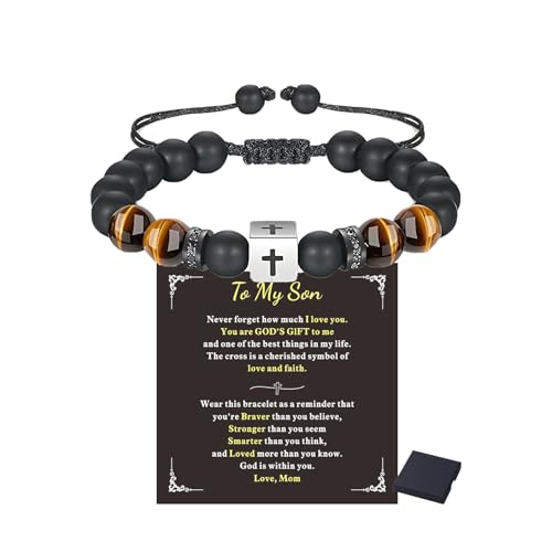 To My Son Bracelet from Mom/Dad Mother Son Bracelet Beads Love You Forever Engraved Bracelets Tiger Eye Protection Bracelets Sobriety Christmas Birthday Jewelry Gifts for Men - color: A:Cross-Son