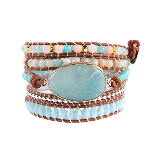 YGLINE Boho Handmade Wrap Leather Tube Crystal Stone Bracelet for Women - color: Amazonite 2