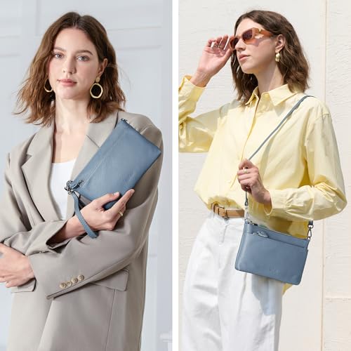 befen Genuine Leather Wristlet Clutch Wallet Purses with RFID Blocking, Small Crossbody Bags Shoulder Handbag for Women - color: Grey Blue