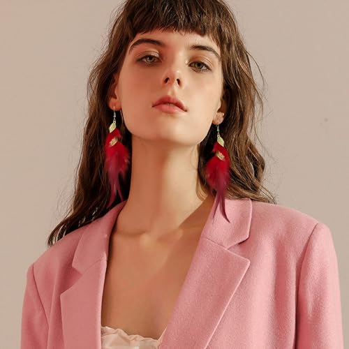 Feather Earrings for Women Bohemian Fringe Tassel Long Drop Dangle Earrings Lightweight Boho Statement earrings - color: red