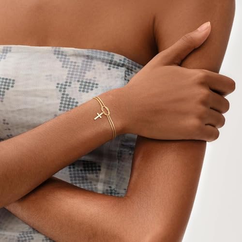 NECOCY Mothers Day Gifts Cross Bracelet for Women, Dainty 14K Gold/Silver Plated Pearl Cross Chain Bracelet Religious Christian Baptism Jesus Catholic Bracelet Jewelry Gift for Mom Wife Daughter - style: Style-2