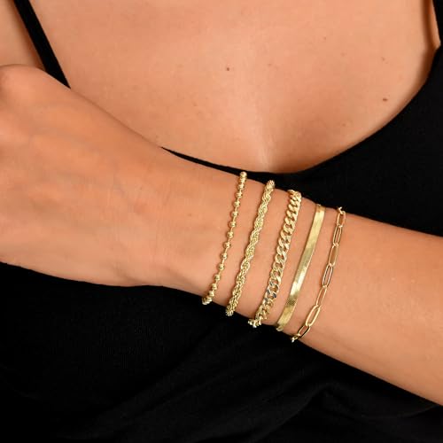 Dainty Gold Bracelets for Women, 14K Gold Plated Stackable Bracelet Set, Adjustable Beaded Cuban Paperclip Herringbone Figaro Snake Rope Chain Jewelry - style: Set4 Gold 5Pcs