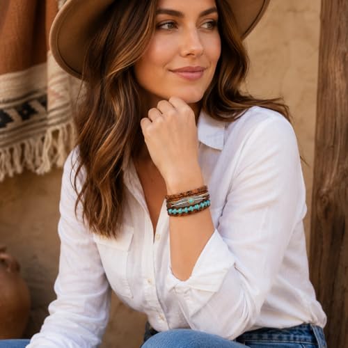 Long tiantian Western Turquoise Beaded Bracelet Set for Women Stackable Cowgirl Bracelets Boho Concho Jewelry Country Concert Rodeo Outfit Accessories Gifts - color: B4:western bracelets