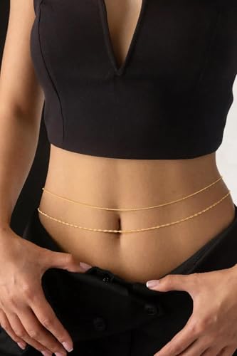 Gold Waist Chain for Women Dainty 14K Gold Plated Layered Belly Chain Adjustable Bikini Belly Beads for the Waist Waterproof Beach Accessories Body Chain Jewelry for Gifts - style: BY0004