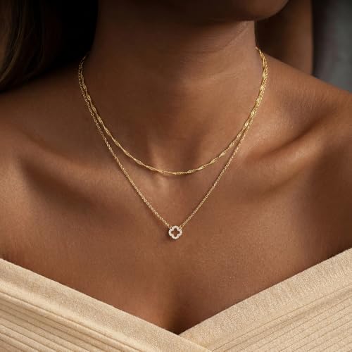 Dainty Gold Necklaces for Women Trendy Non Tarnish 14K Gold Plated Cubic Zirconia Necklace Layered Simple Cute Four Leaf Clover Choker Jewelry Birthday Gifts - color: Gold, style: Cable Small CZ