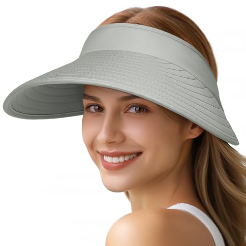 Sun Hats for Women - Wide Brim Sun Visor Hat for Women, UPF50+ Lightweight Foldable Ponytail Sports Cap - color: Grey