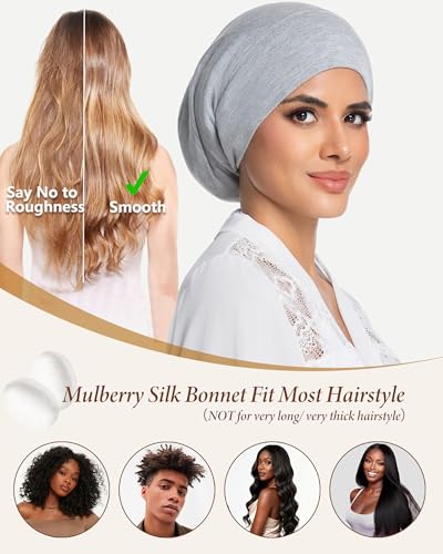 100% Mulberry Silk Bonnet for Sleeping Women Men, Real Silk Lined Bonnets for Curly Hair, Braid Sleep Cap Black Womens - color: Light Gray
