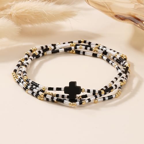Gold Colorful Beaded Cross Bracelet Stack Set for Women,Handmade Bohemian Seed Beads Stacked Bracelets Fashion Holiday Jewelry Gift - color: Black