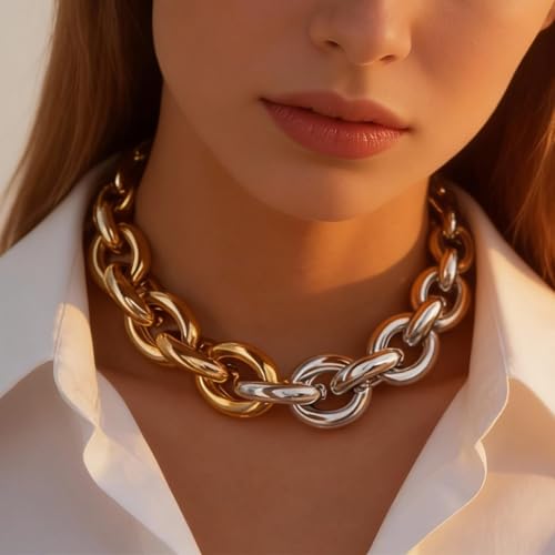 Long tiantian Chunky Gold Necklace Stack Chain Necklaces for Women Statement Layered Paperclip Choker Necklaces Statement Necklace for 80s 90s & Night Out Outfits Paperclip Style Fashion Jewelry - color: B5：Style O-Gold Silver Chain