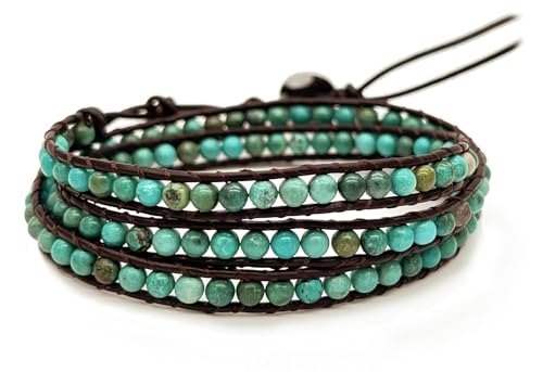 3 Wrap Genuine Leather Bracelet Gemstone Bead - color: forest Turquoise