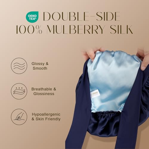 ZIMASILK 100% Mulberry Silk Bonnet for Sleeping Women Long Hair Double Layer Silk Hair Wrap with Tie Band Stay On Head (1Pc, Navy Blue) - color: Navy Blue