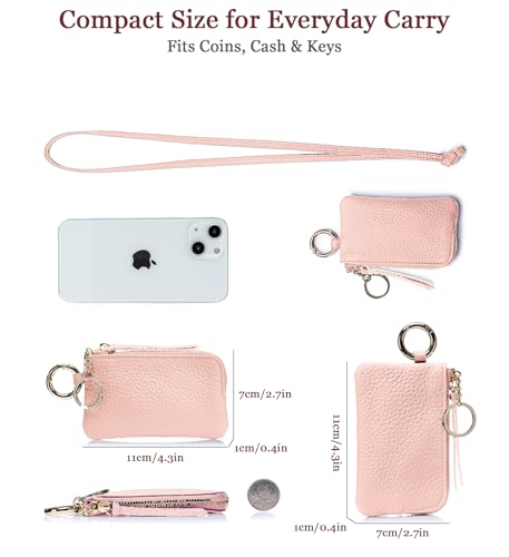Cute Pink Coin Purse for Women – Genuine Leather Mini Zipper Wallet with Wrist Strap & Keychain, Small Change Pouch & Travel Coin Holder with Gift Box (Blush Pink) - color: Blush