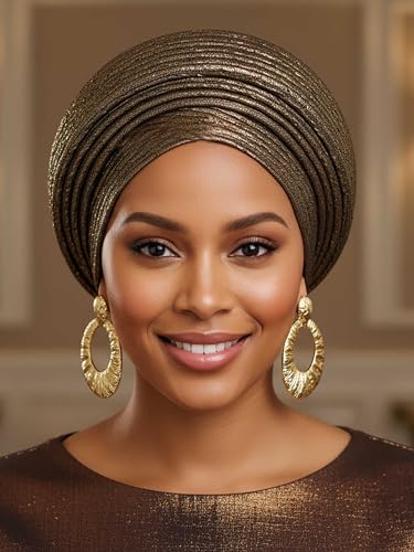 Woeoe African Head Wraps for Black Women Gold Pre Tied Headdress Wedding Turban Hats - color: Gold