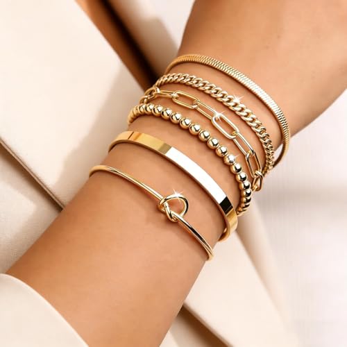 6Pcs 14K Gold Plated Bracelets for Women Layered Bangle Cuff Stack Set Adjustable Stacking Jewelry Set Gifts - color: 6PC-gold