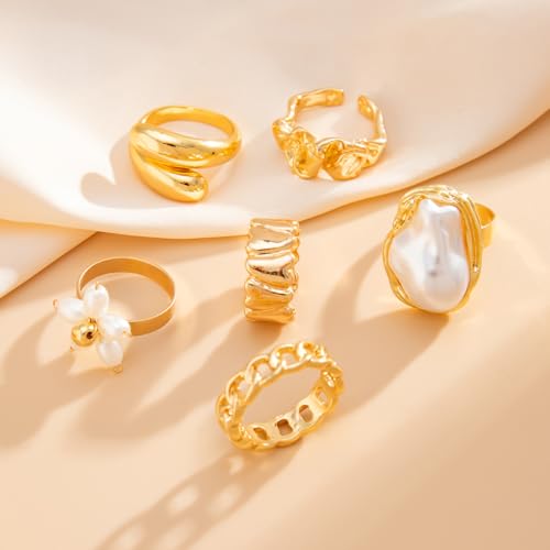 Chunky Gold Rings for Women Non Tarnish Boho Stackable Rings Set Adjustable Open Joint Finger Midi Knuckle Ring Packs - color: Gold Flower Chunky Rings 6Pcs