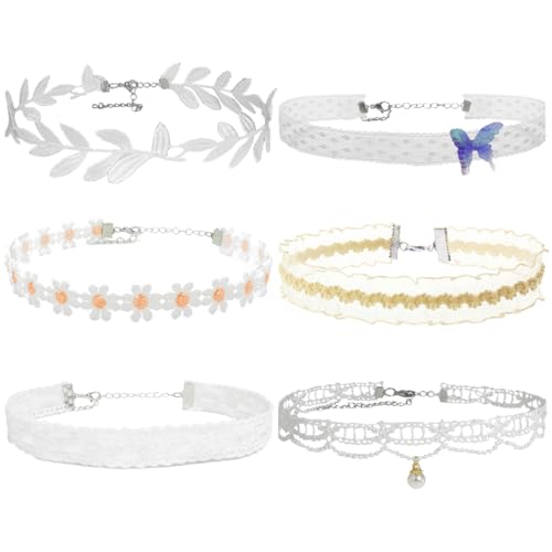 Nova&Aria Chokers Set For Women Heart Choker Necklaces Flower Pendant Velvet Cute Pink Turquoise Blue White Black Choker Necklace Christmas Colorful Lace Chokers - color: White-A