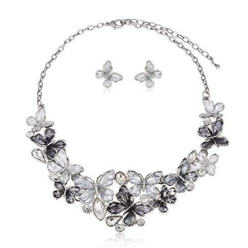 AMYJANE Vintage Statement Jewelry Set - Spring Leaf Flower Floral Plant Necklace Earring Set Crystal Rhinestone Fashion Costume Jewelry for Women Prom Party Unique Gift - style: Butterfly Jewelry Set Grey