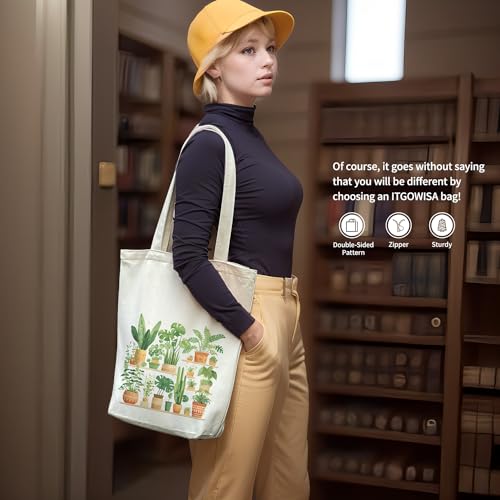 itgowisa Canvas Tote Bag for Women, Tote Bag with Zipper Inner Pocket, Zippered Canvas Bag for Shopping Work Grocery Everyday - style: Green