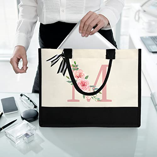 Initial Canvas Tote Bag for Women, Beach Bag with Inner Zipper Pocket Personalized Gifts for Wedding, Birthday | Initial - color: M