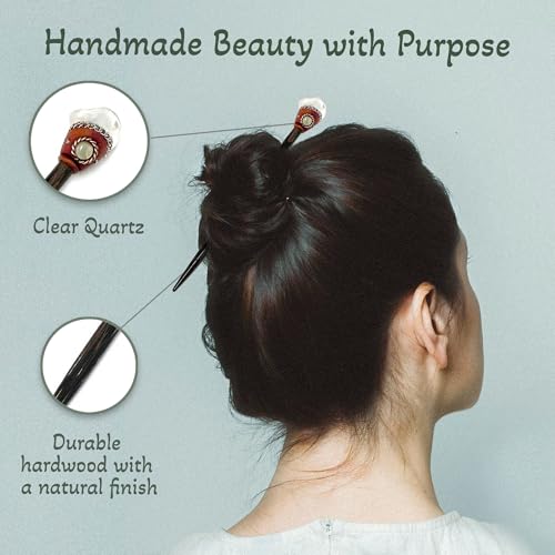 Mia Jewel Shop - Natural Tumbled Healing Gemstone Crystal Chonta Wooden Hair Sticks – Handmade Hair Sticks for Women | Hair Pins Boho Reiki Accessories, Fashion Gifts (Clear Quartz) - color: Clear Quartz