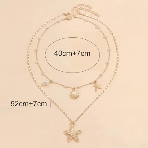 Shell Starfish Necklace for Women, Gold Plated Boho Layered Pendant Necklace with Pearl Conch Charm, Dainty Coastal Summer Beach Vacation Jewelry Gifts - style: Shell&Starfish 2Pcs